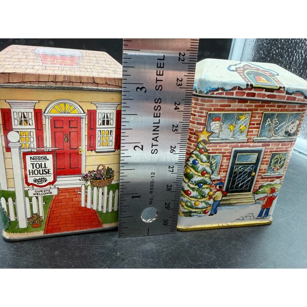Vintage Nestle Toll House Cottage & Tin Box Co Schoolhouse Christmas Tins Set 2